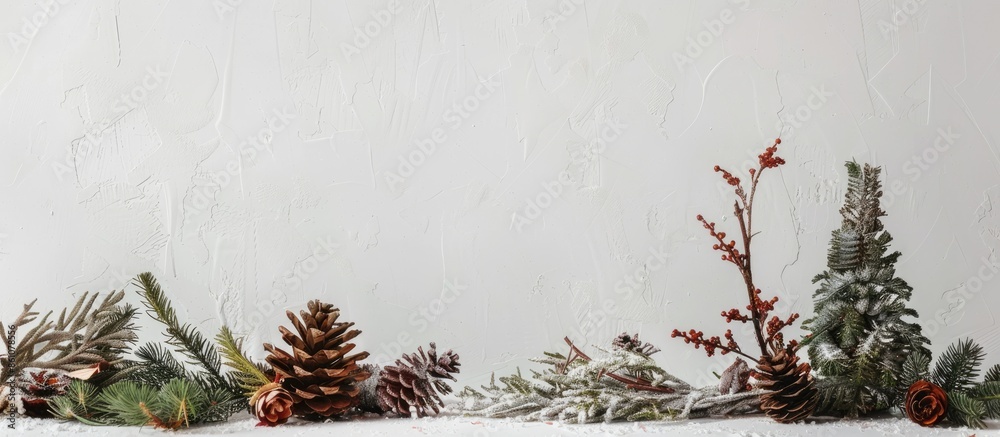 Poster christmas or new year decoration from fresh fir branches and dried flowers on a white table. prepara
