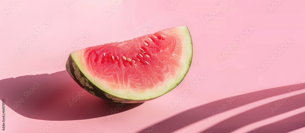 Poster isolated slice of a juicy, sugarbaby seedless, watermelon grown in hawaii. pastel background. with c