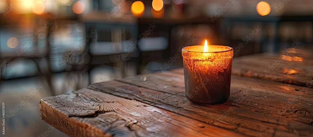 Poster close-up of a cozy candle inside a metal holder on a wooden table. with copy space image. place for 