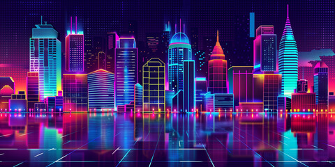 Pixel art retro wave. panorama of big city. wide banner. Space for text. neon cyberpunk digital 8 16 32 64 bit painting. poster, flyer, banner, email, header, social media post. Generative Ai content