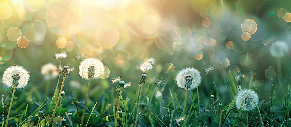 Aufkleber dandelion flowers in the fresh green grass. pastel background. with copy space image. place for addi