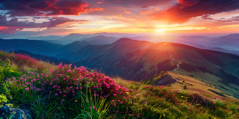 A mountain with a sunset and flowers in the foreground
