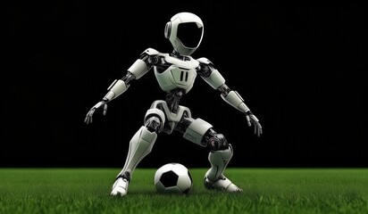 Robot AI football style black background and green grass