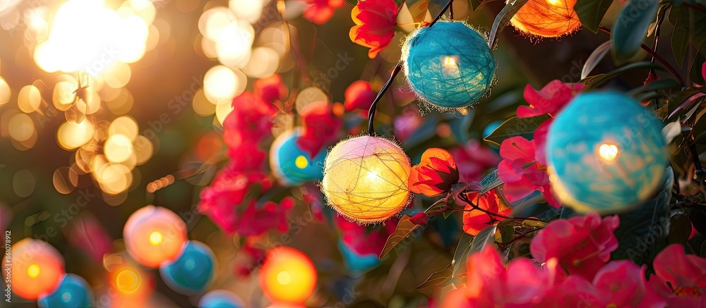 Aufkleber Bright colorful cotton light balls string in flowering spring garden as decoration. with copy space image. Place for adding text or design