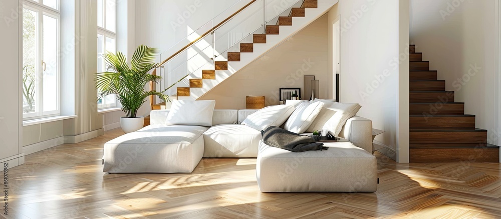 Aufkleber comfortable soft sofa with decorative cushions in spacious modern living room with parquet floor and