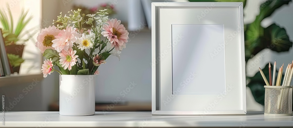 Poster bouquet of plastic flowers placed on the desk in the office beside blank photo frame. with copy spac
