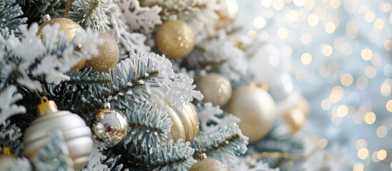 Obraz premium Christmas tree decorated with white and gold toys close up. with copy space image. Place for adding text or design