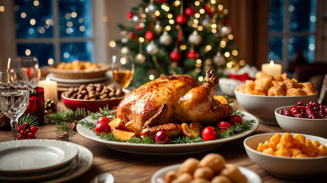Christmas meal served on the table, Baked turkey with salads cakes and bread on the side with christmas decoration background