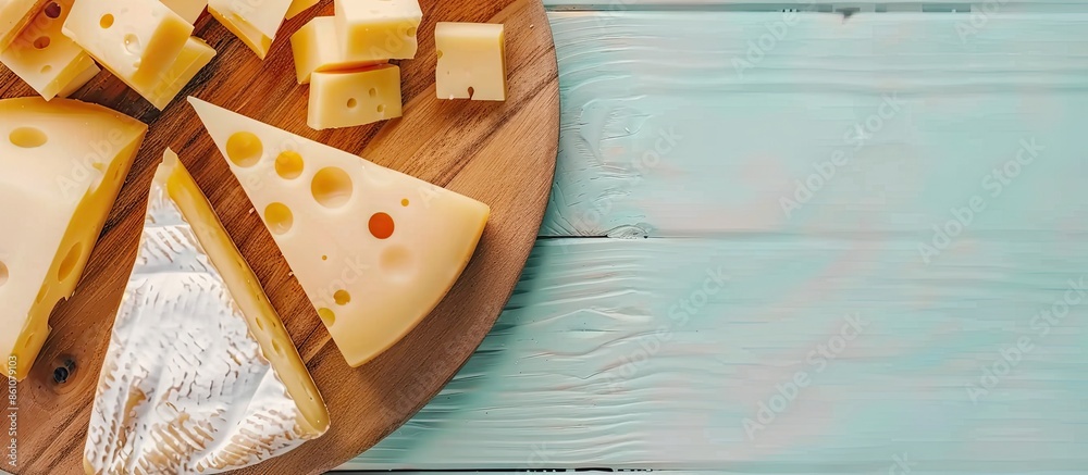 Aufkleber edam parmesan and brie cheese on wooden platter over wooden table pastel background. with copy space