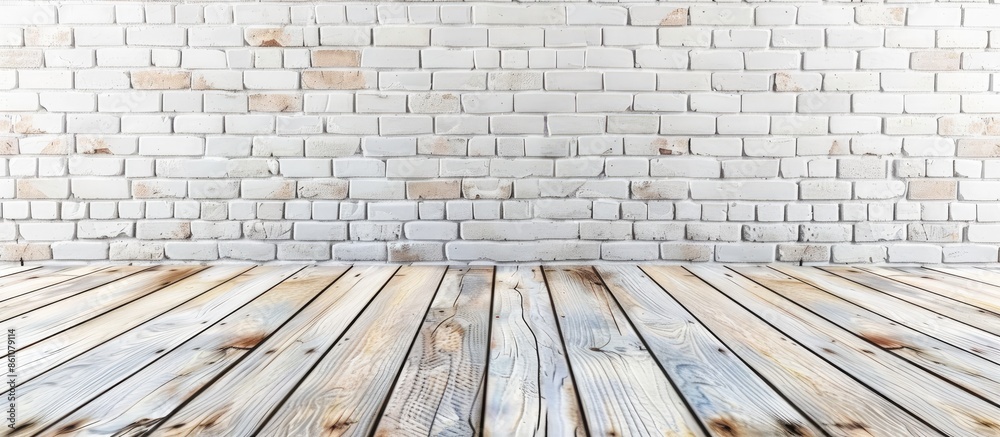 Poster white brick wall background with perspective light wood, slightly blurry wood foreground. with copy 