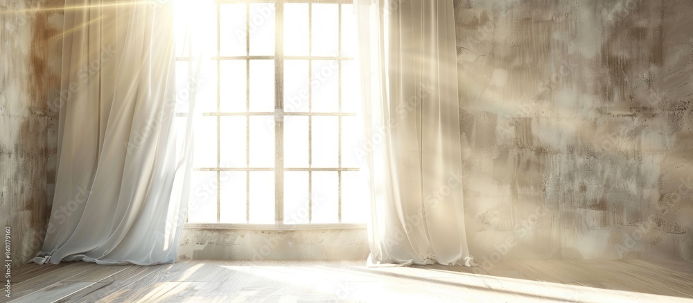 Fototapete window with curtains. sunlight. window frame. with copy space image. place for adding text or design