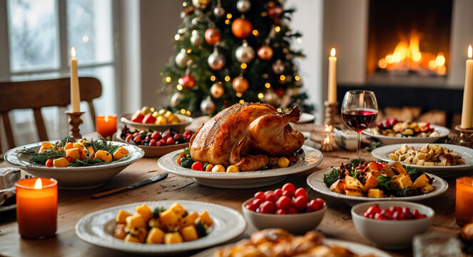 Christmas meal served on the table, Baked turkey with salads cakes and bread on the side with christmas decoration background