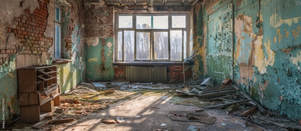 Poster abandoned interior in ruins of military settlement. the headquarters of the military unit. with copy