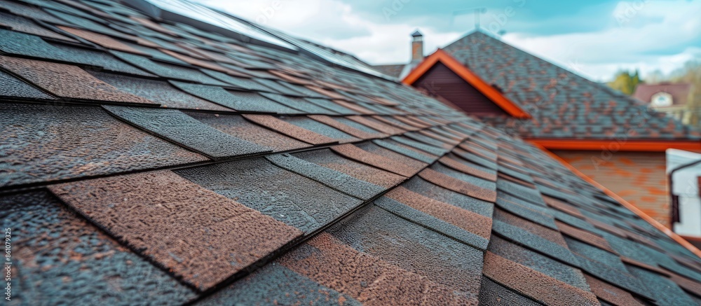 Poster closeup of house roof top covered with ceramic shingles. tiled covering of building. with copy space