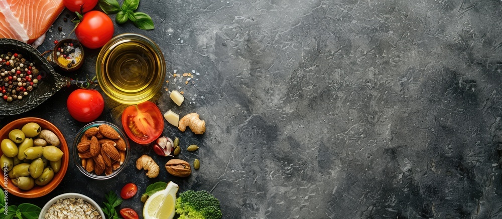 Poster Different products on grey table. Healthy food and balanced diet. Copy space image. Place for adding text or design