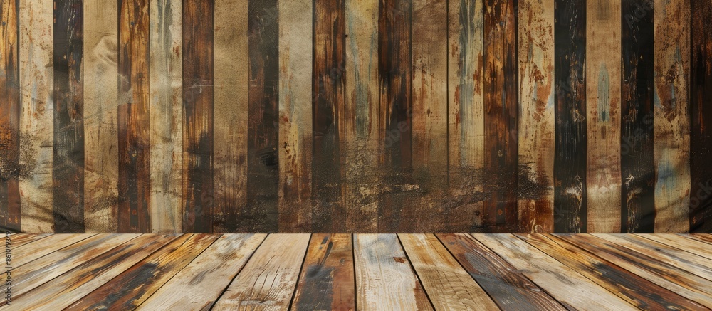 Aufkleber empty top of vintage striped pattern wall and wooden deck tabletop.for product display. with copy sp
