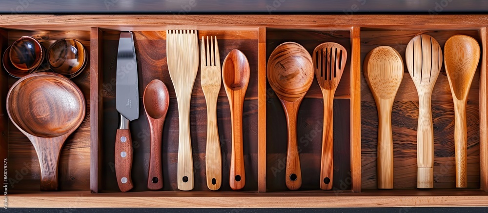 Aufkleber Set of clean kitchen utensils in drawer. with copy space image. Place for adding text or design