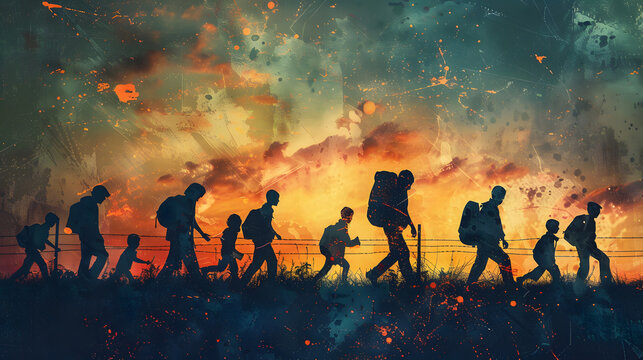 People seeking refuge from war violence or persecution cross international borders to find safety in another country. Concept Refugees, Cross-border Migration, Humanitarian Crisis