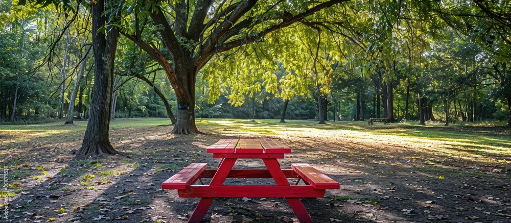 Poster a vibrant red painted wooden picnic table in the center of a park campground area with large trees s