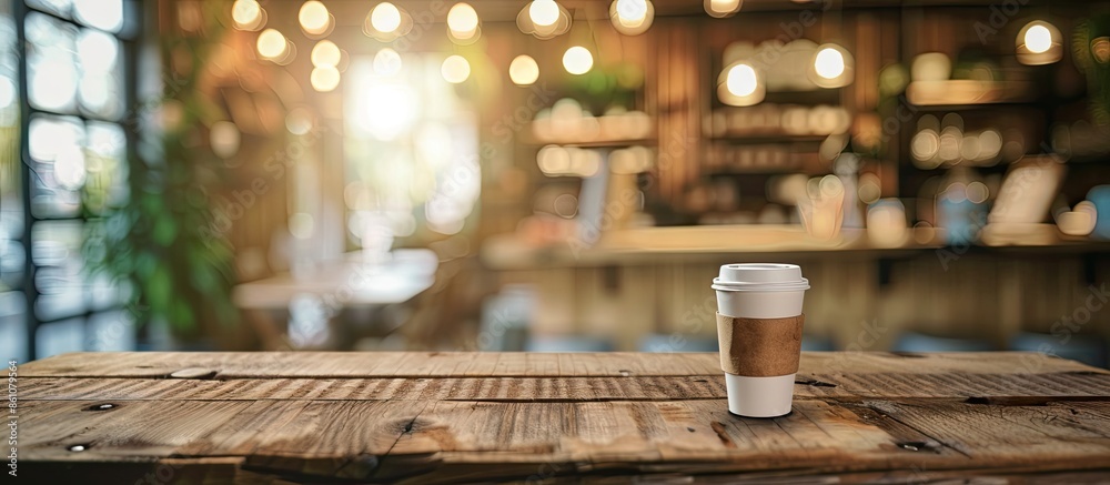 Poster selected focus empty brown wooden table and coffee shop blur background with bokeh image, for produc