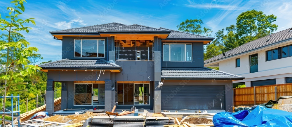 Poster exterior view of new house under construction and painting.home renovation and construction concepts