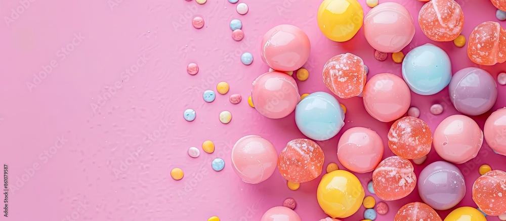 Poster a close up shot of bubble gum pastel background food. with copy space image. place for adding text o
