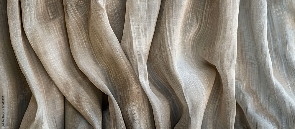 Poster closeup view of curtain in thin and thick vertical folds made of dense fabric.textured materials and