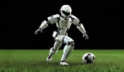 Robot AI football style black background and green grass