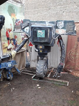 statue of a robot in the josefov fortress at the brutal assault festival in jaroměř, czech republic - for articles about the brutal assault festival, decoration, metal music, art