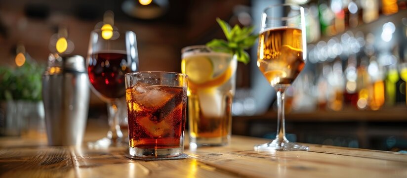 Different alcohol drinks on table in bar. with copy space image. Place for adding text or design