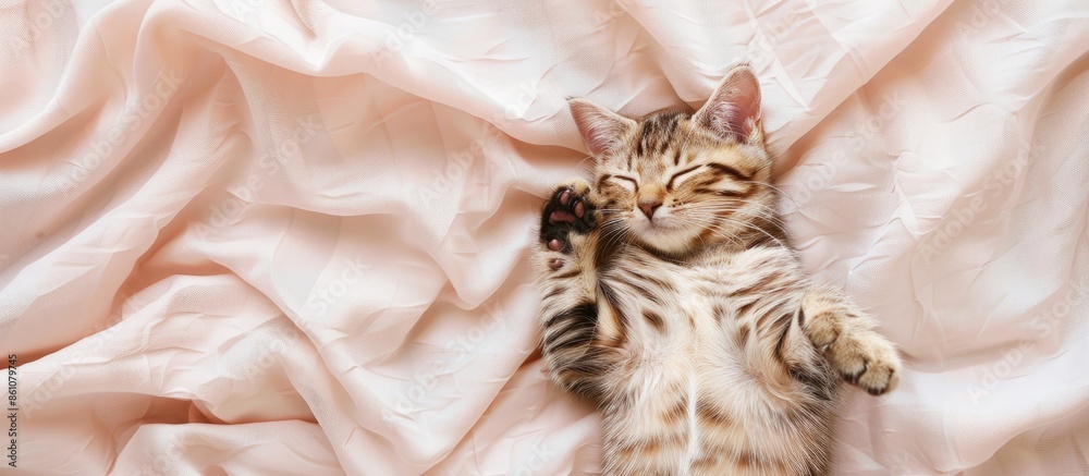 Poster Sleeping cat on the fabric pastel background  Texture. with copy space image. Place for adding text or design