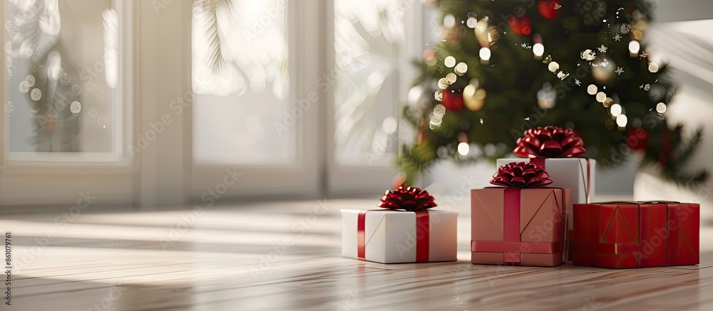 Poster Beautiful Christmas gift boxes on floor near fir tree in room. with copy space image. Place for adding text or design