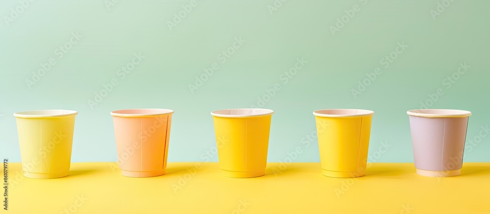 Poster Different disposable cups on yellowpastel background. with copy space image. Place for adding text or design