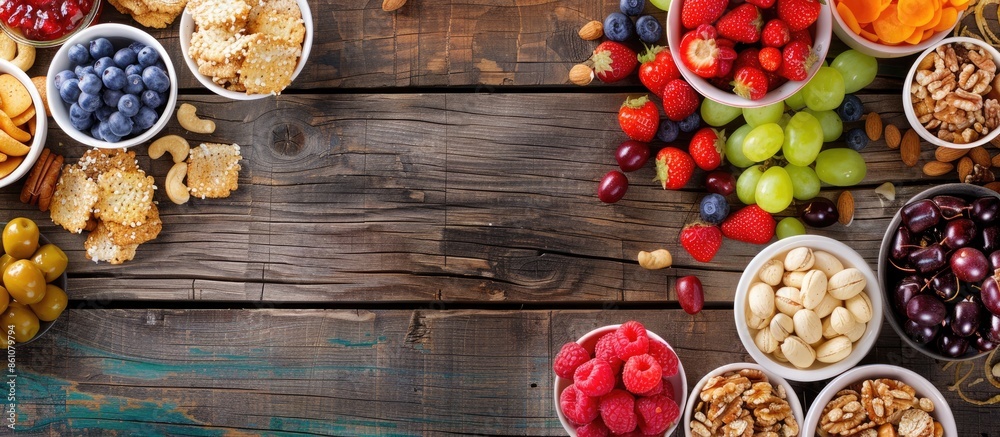 Aufkleber Healthy snacks on wooden table with copy space, top view. Copy space image. Place for adding text or design