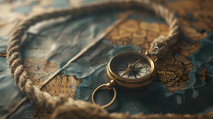 old compass and rope on vintage map : Generative AI