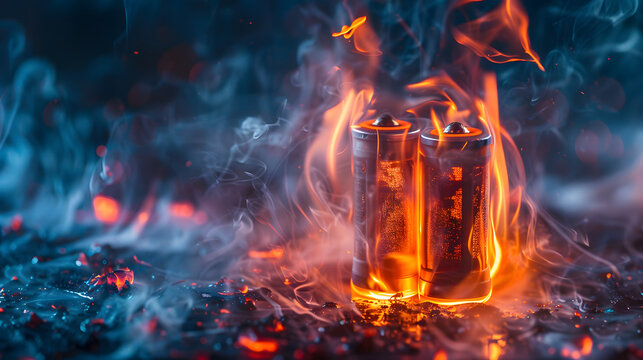Photo showing lithiumion battery overheating emitting flames and smoke highlighting safety risks and the importance of fire prevention measures. Concept Fire Safety, Lithium-ion Batter