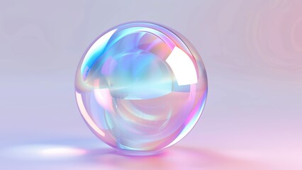 abstract 3d wallpaper of a transparent iridescent glass sphere on a light plain background shining in the light