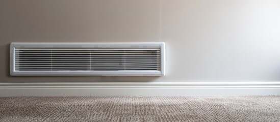 White air conditioner duct grille cover against floor with brown carpet. Copy space image. Place for adding text and design