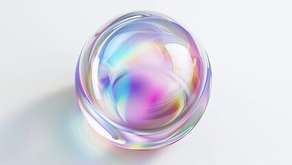 abstract 3d wallpaper of a transparent iridescent glass sphere on a light plain background shining in the light