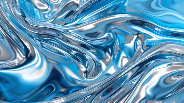 abstract metalic 3D wallpaper with liquid and wavy blue shapes and forms