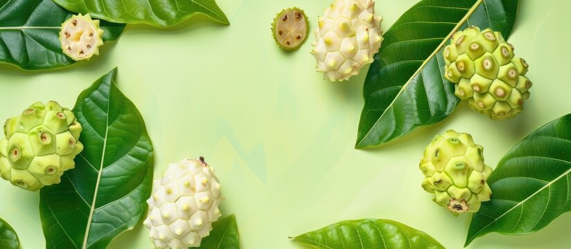 Fresh noni overlapping on noni leaves Isolated on pastel background. Copy space image. Place for adding text and design