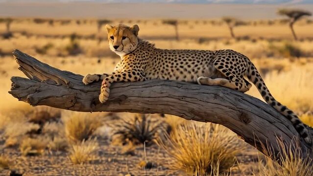 Cheetah lies on a tree branch in the desert