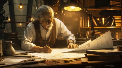 An architect is deeply engaged in designing blueprints at his office desk, displaying focus and creativity in his work AIG58