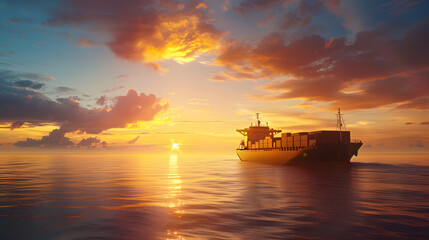 Container cargo ship in ocean at sunset dramatic sky background with copy space Nautical vessel and...