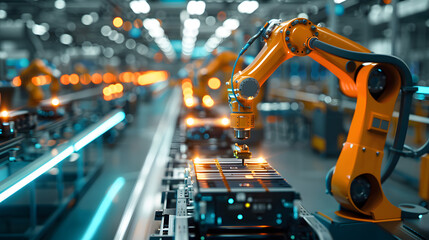 Robotic arm in orange at a giga factory assembling electric vehicle batteries supporting green energy and net zero carbon emissions by 2050. Concept Robotics, Giga Factory, Electric