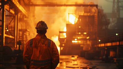 Obraz premium Safety and environmental impact background of a worker in the steel mill. Concept Steel Industry, Worker Safety, Environmental Impact, Industrial Operations, Occupational Hazards