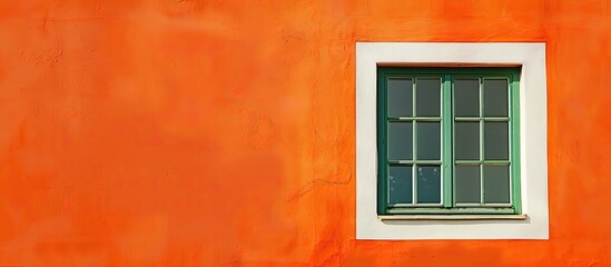 Green window with white frame on orange wall in vintage style. Copy space image. Place for adding text and design