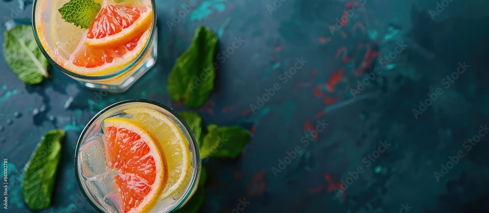 Sticker Top view of a glass with fresh lemonade in a glass with slice of grapefruit and mint, on a dark table pastel background. Copy space image. Place for adding text and design