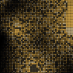 Abstract pop art comic style golden halftone Vector. Dotted gold spray vector illustration. Creative pattern vector halftone background. Black and gold dot spray gradation.	