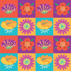 Vibrant flowers in a repeating geometric layout